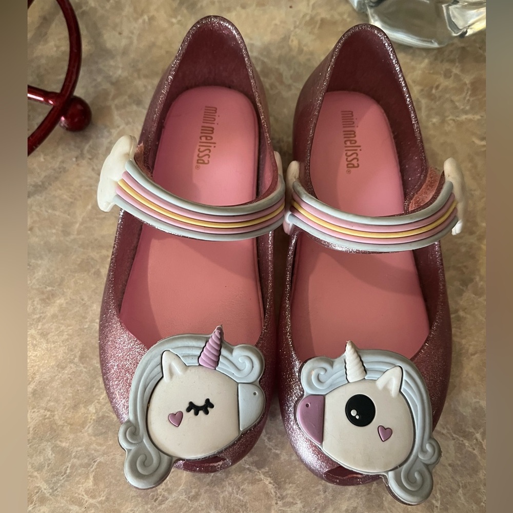 Mini Melissa Glittery Pink Unicorn Dress Shoes